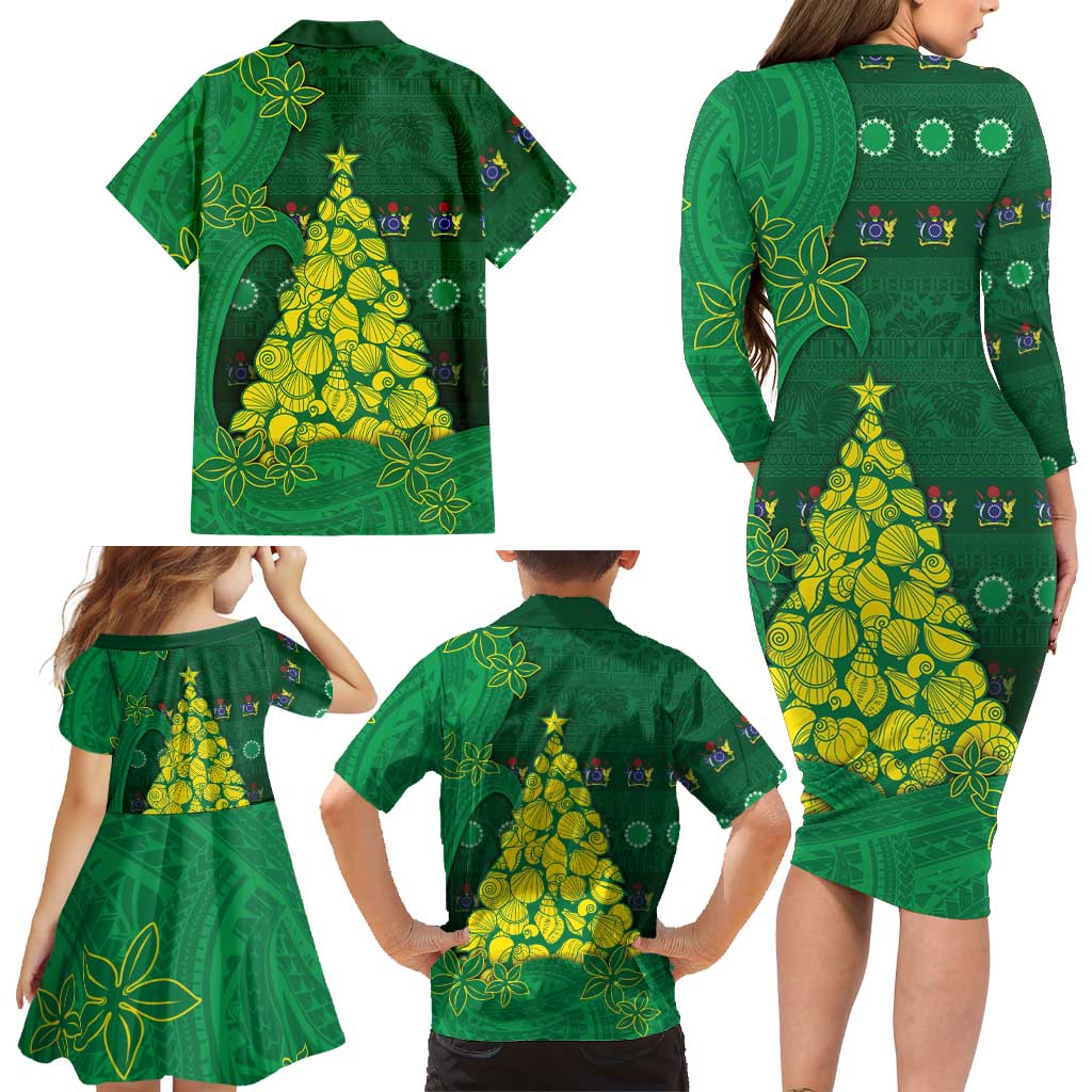 Cook Islands Christmas Family Matching Long Sleeve Bodycon Dress and Hawaiian Shirt Seashell Xmas Tree Tribal Waves DT05 - Polynesian Pride