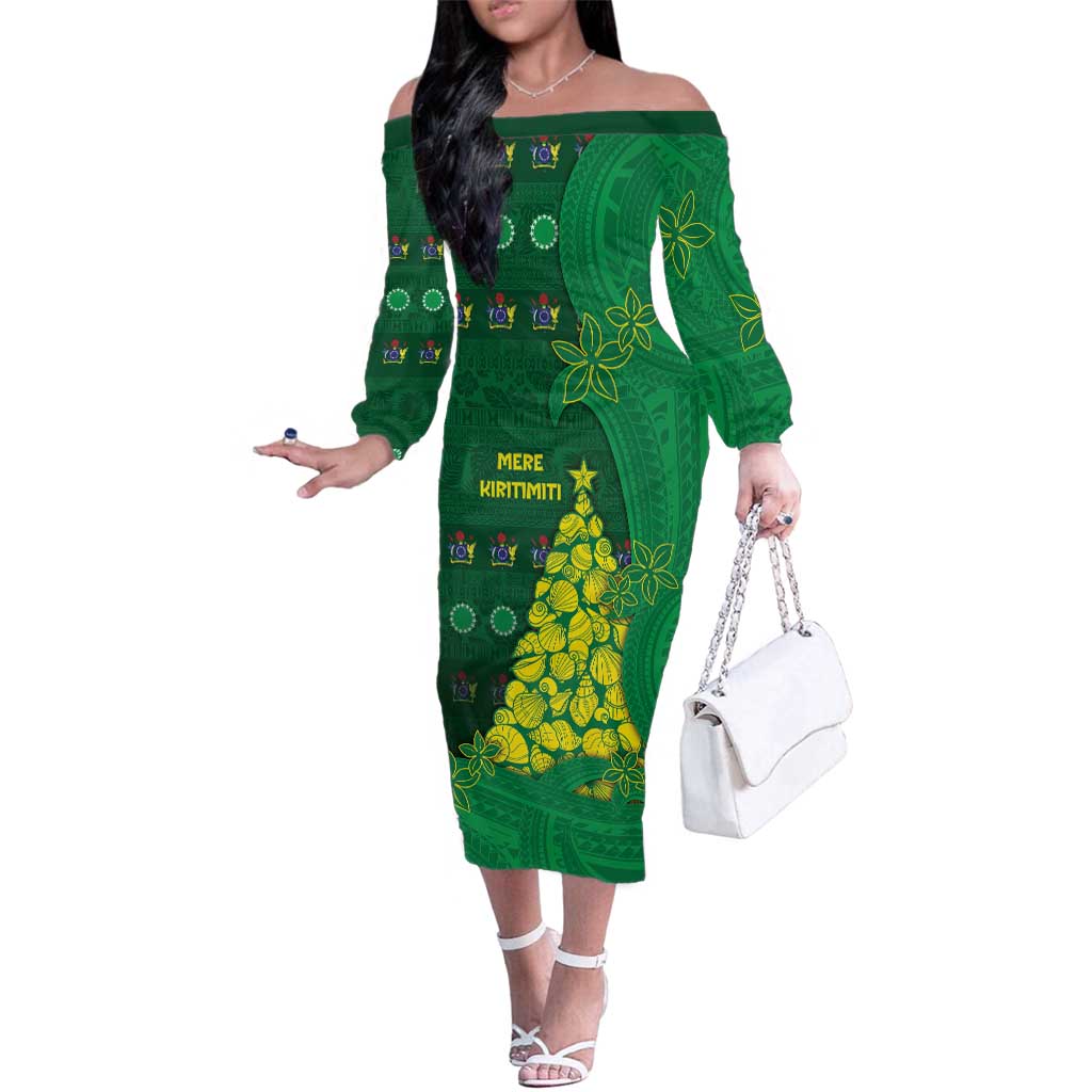 Cook Islands Christmas Family Matching Off The Shoulder Long Sleeve Dress and Hawaiian Shirt Seashell Xmas Tree Tribal Waves DT05 Mom's Dress Green - Polynesian Pride