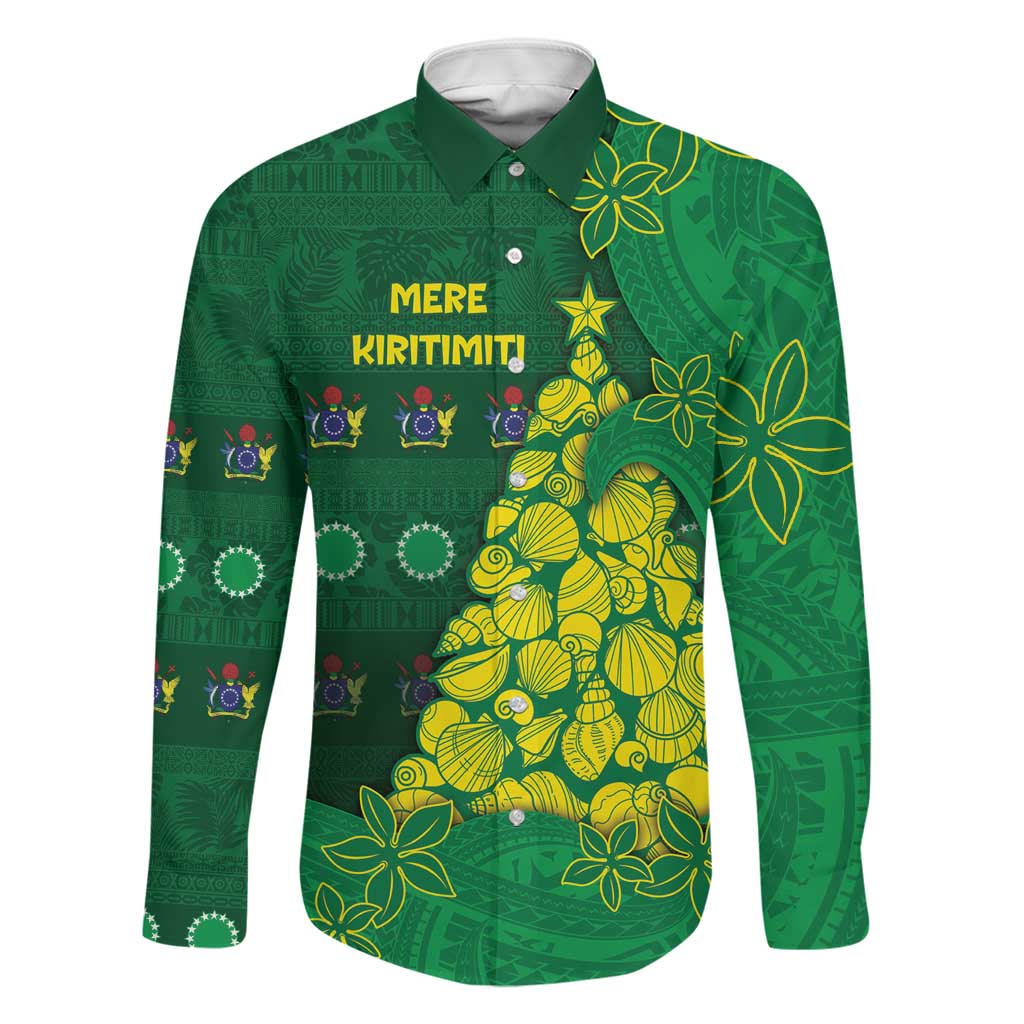 Cook Islands Christmas Family Matching Off Shoulder Maxi Dress and Hawaiian Shirt Seashell Xmas Tree Tribal Waves DT05 Dad's Shirt - Long Sleeve Green - Polynesian Pride