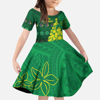 Cook Islands Christmas Family Matching Off Shoulder Short Dress and Hawaiian Shirt Seashell Xmas Tree Tribal Waves DT05 Daughter's Dress Green - Polynesian Pride