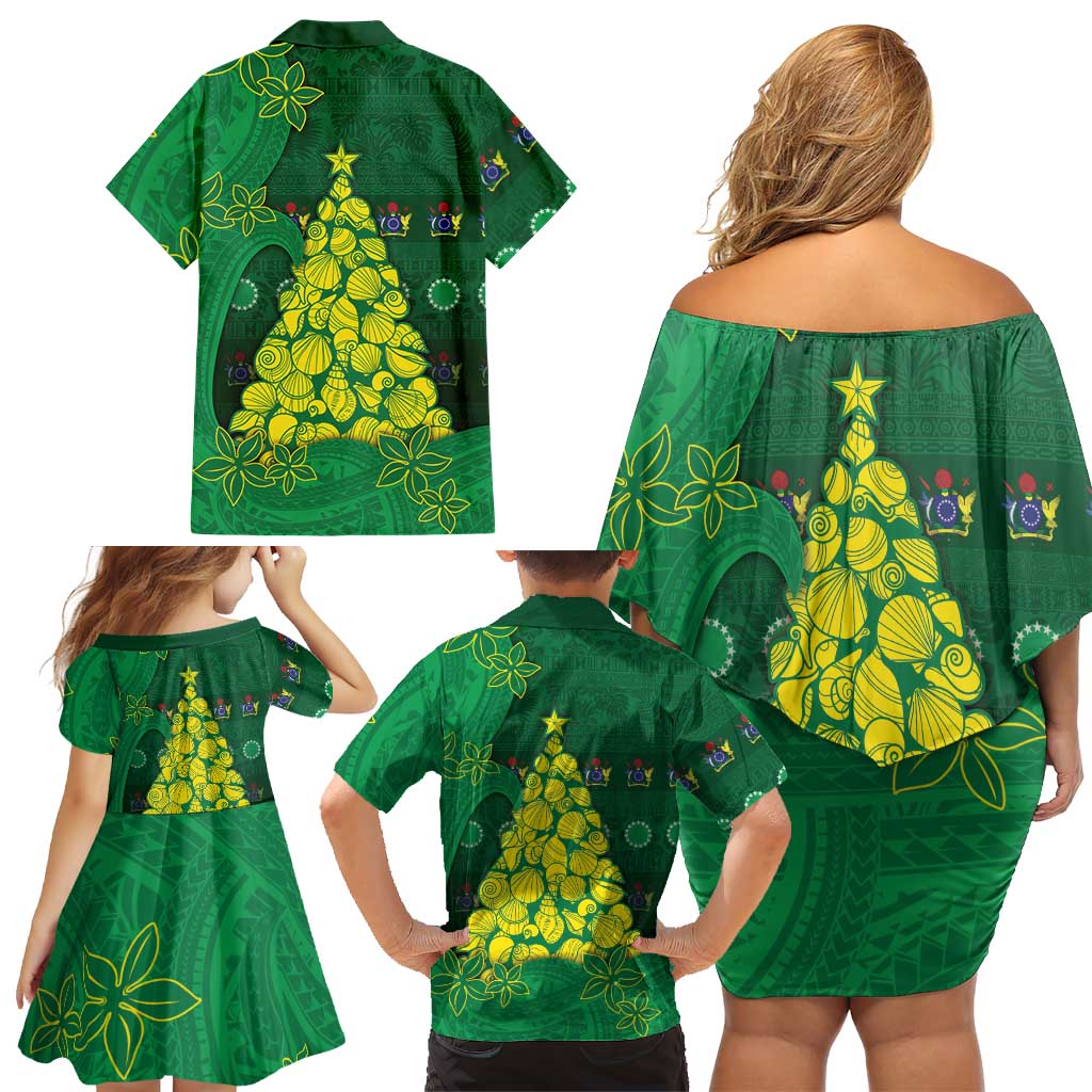 Cook Islands Christmas Family Matching Off Shoulder Short Dress and Hawaiian Shirt Seashell Xmas Tree Tribal Waves DT05 - Polynesian Pride
