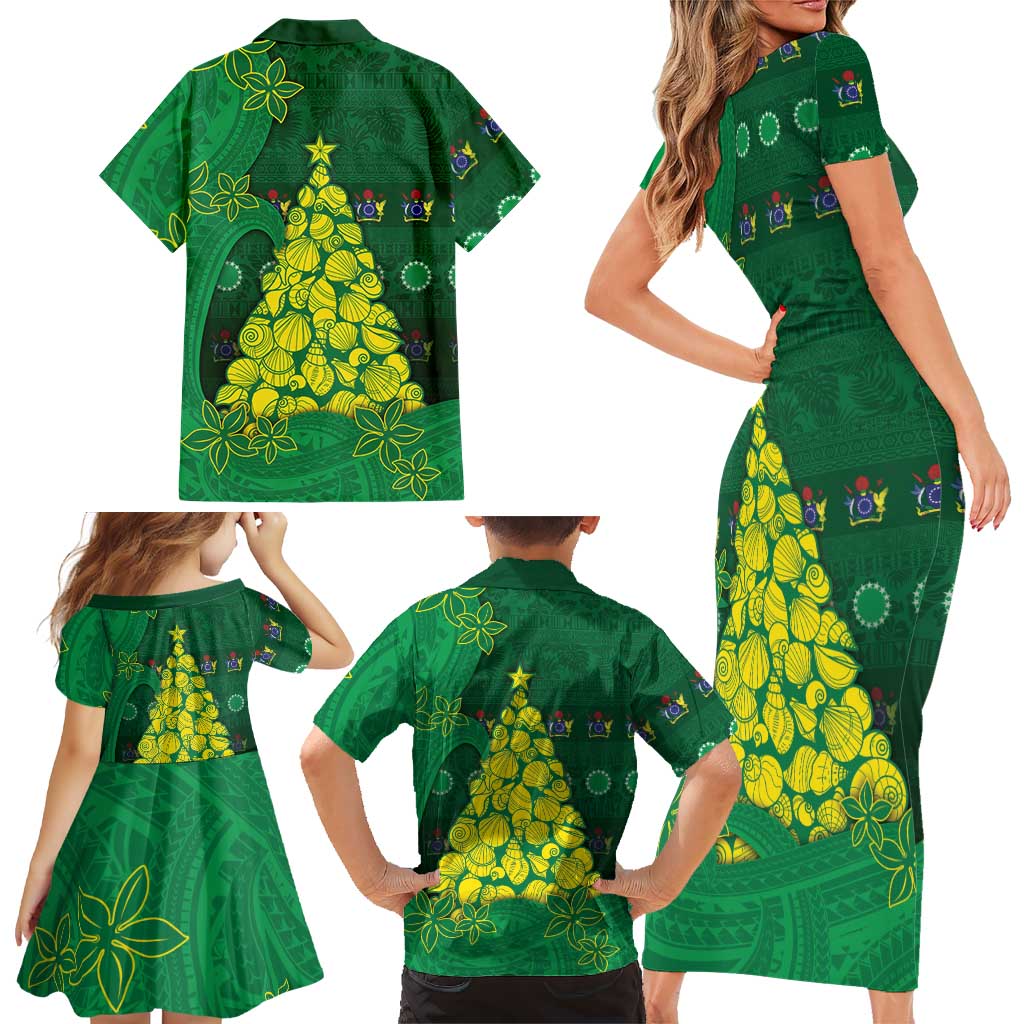 Cook Islands Christmas Family Matching Short Sleeve Bodycon Dress and Hawaiian Shirt Seashell Xmas Tree Tribal Waves DT05 - Polynesian Pride