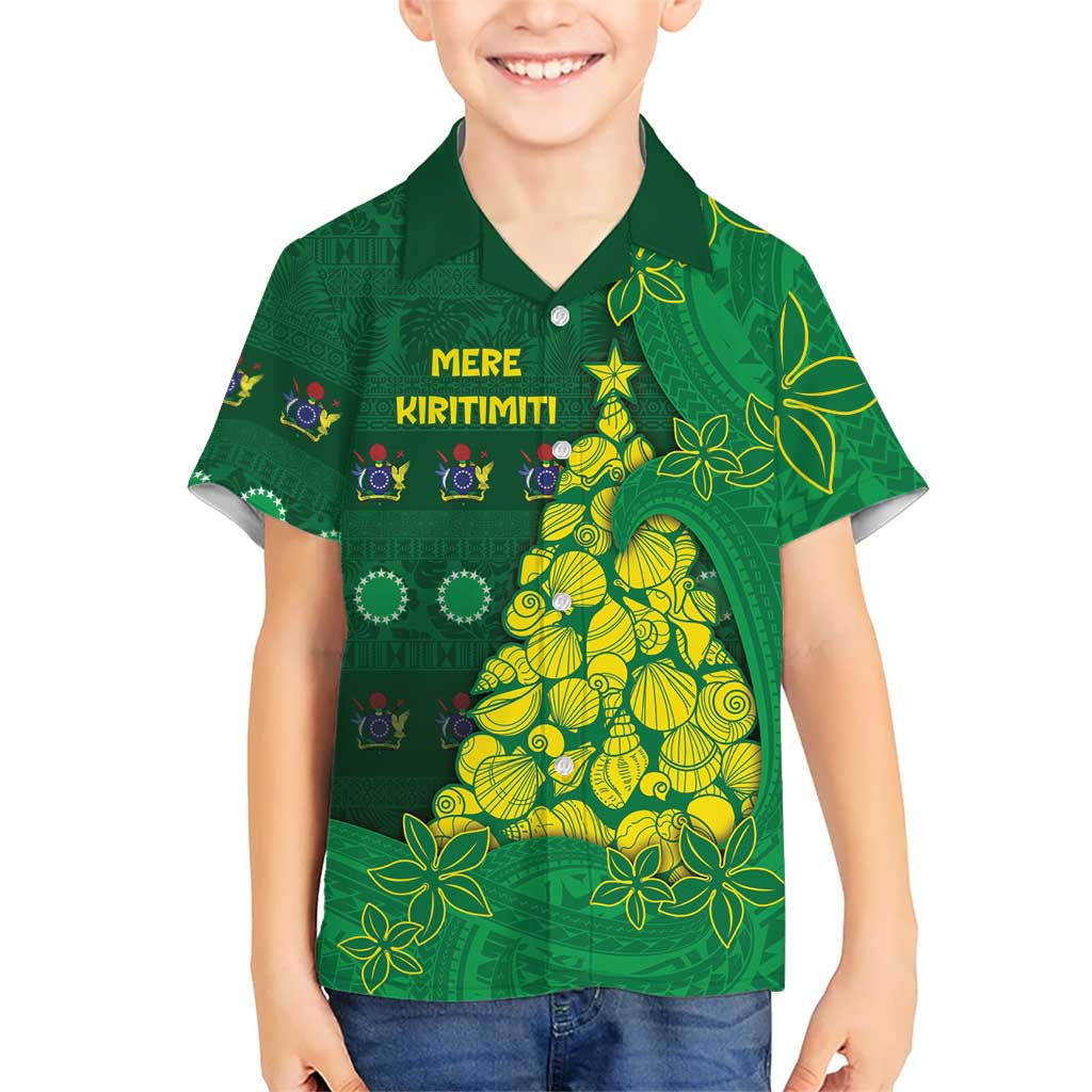 Cook Islands Christmas Family Matching Tank Maxi Dress and Hawaiian Shirt Seashell Xmas Tree Tribal Waves DT05 Son's Shirt Green - Polynesian Pride