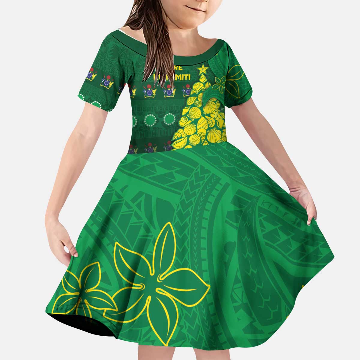 Cook Islands Christmas Kid Short Sleeve Dress Seashell Xmas Tree Tribal Waves - Polynesian Pride