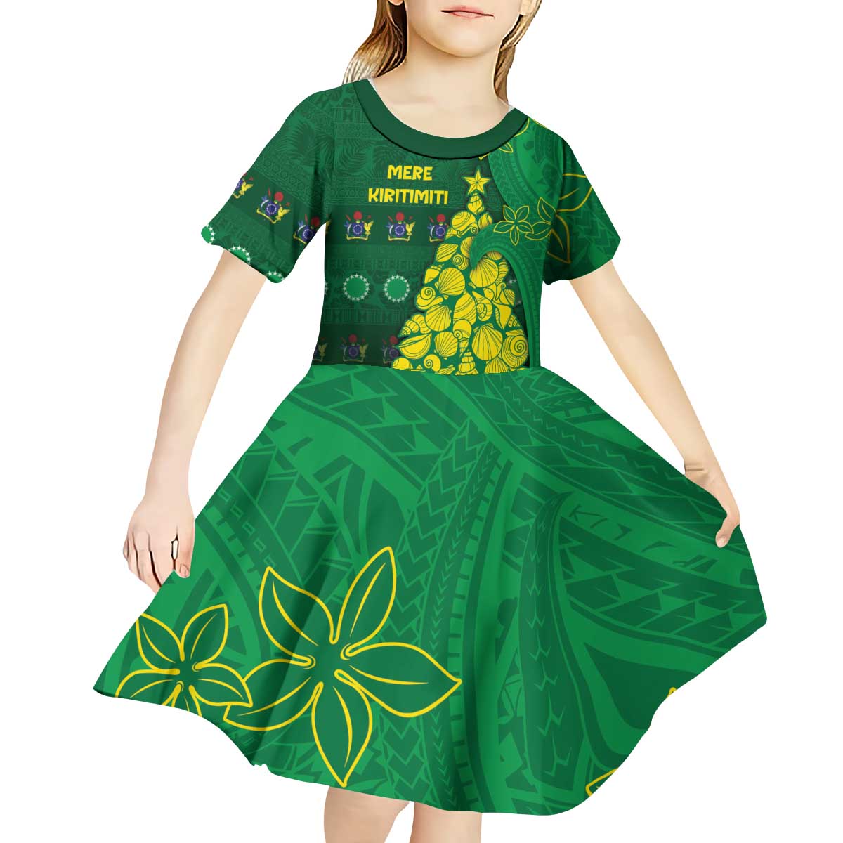 Cook Islands Christmas Kid Short Sleeve Dress Seashell Xmas Tree Tribal Waves - Polynesian Pride
