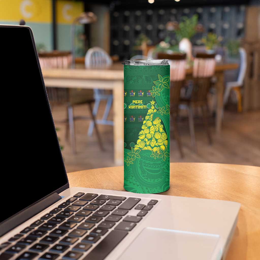 Cook Islands Christmas Skinny Tumbler Seashell Xmas Tree Tribal Waves - Polynesian Pride