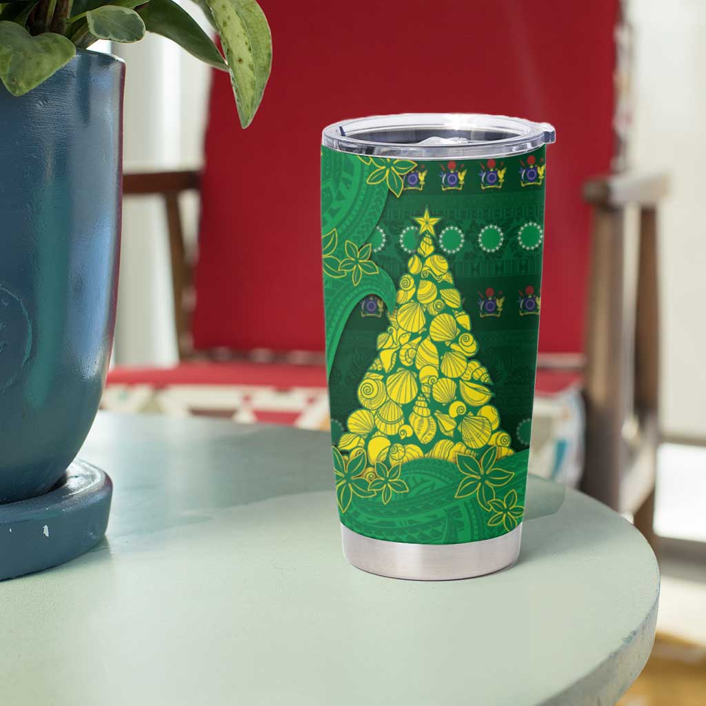 Cook Islands Christmas Tumbler Cup Seashell Xmas Tree Tribal Waves - Polynesian Pride