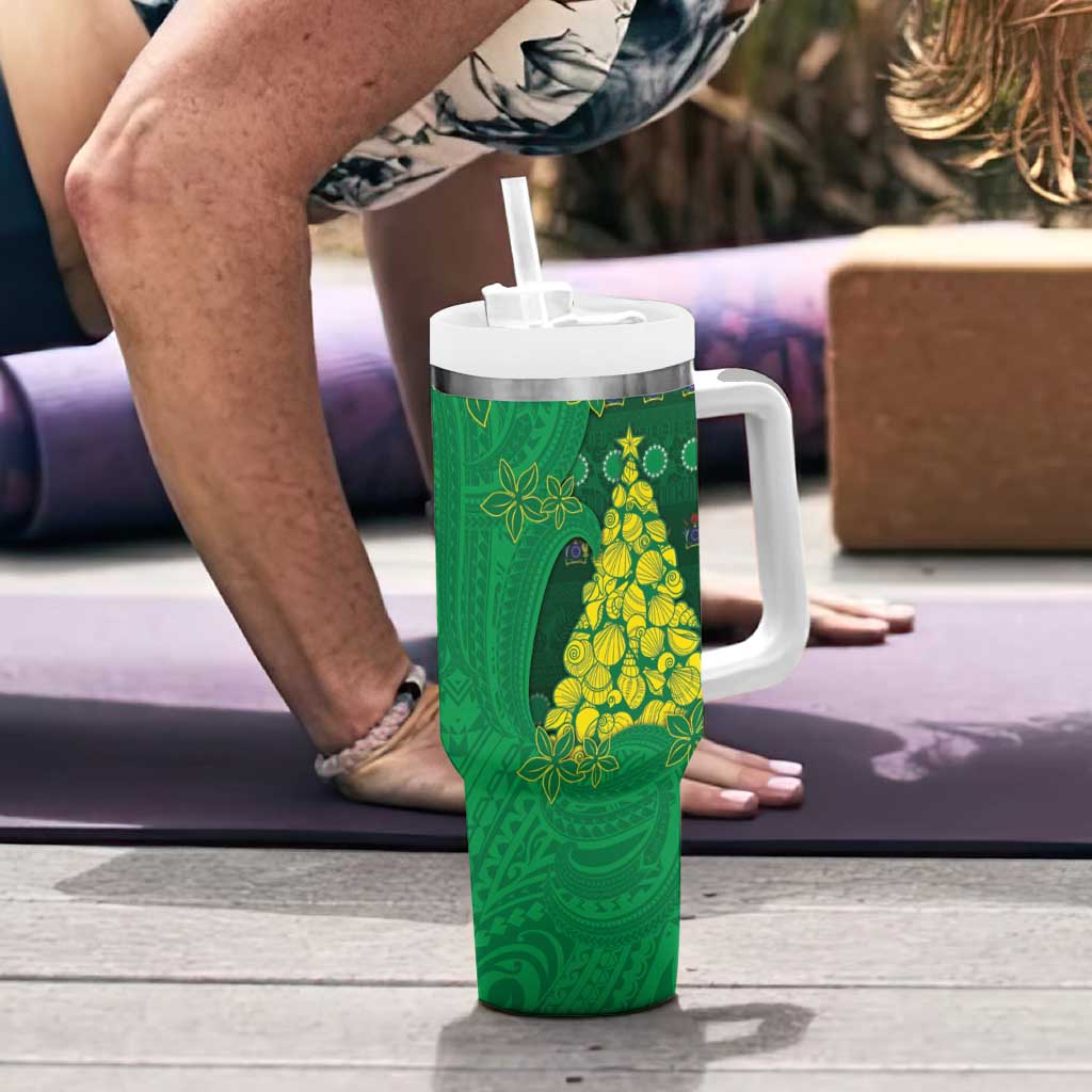 Cook Islands Christmas Tumbler With Handle Seashell Xmas Tree Tribal Waves - Polynesian Pride
