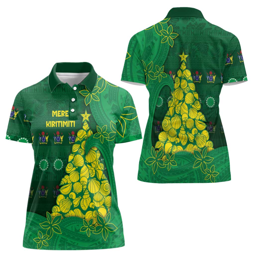Cook Islands Christmas Women Polo Shirt Seashell Xmas Tree Tribal Waves - Polynesian Pride