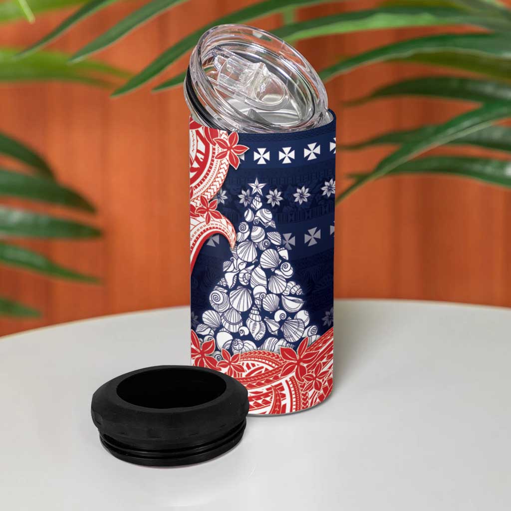 Wallis And Futuna Christmas 4 in 1 Can Cooler Tumbler Seashell Xmas Tree Tribal Waves - Polynesian Pride