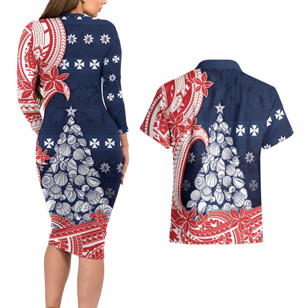 Wallis And Futuna Christmas Couples Matching Long Sleeve Bodycon Dress and Hawaiian Shirt Seashell Xmas Tree Tribal Waves DT05 - Polynesian Pride