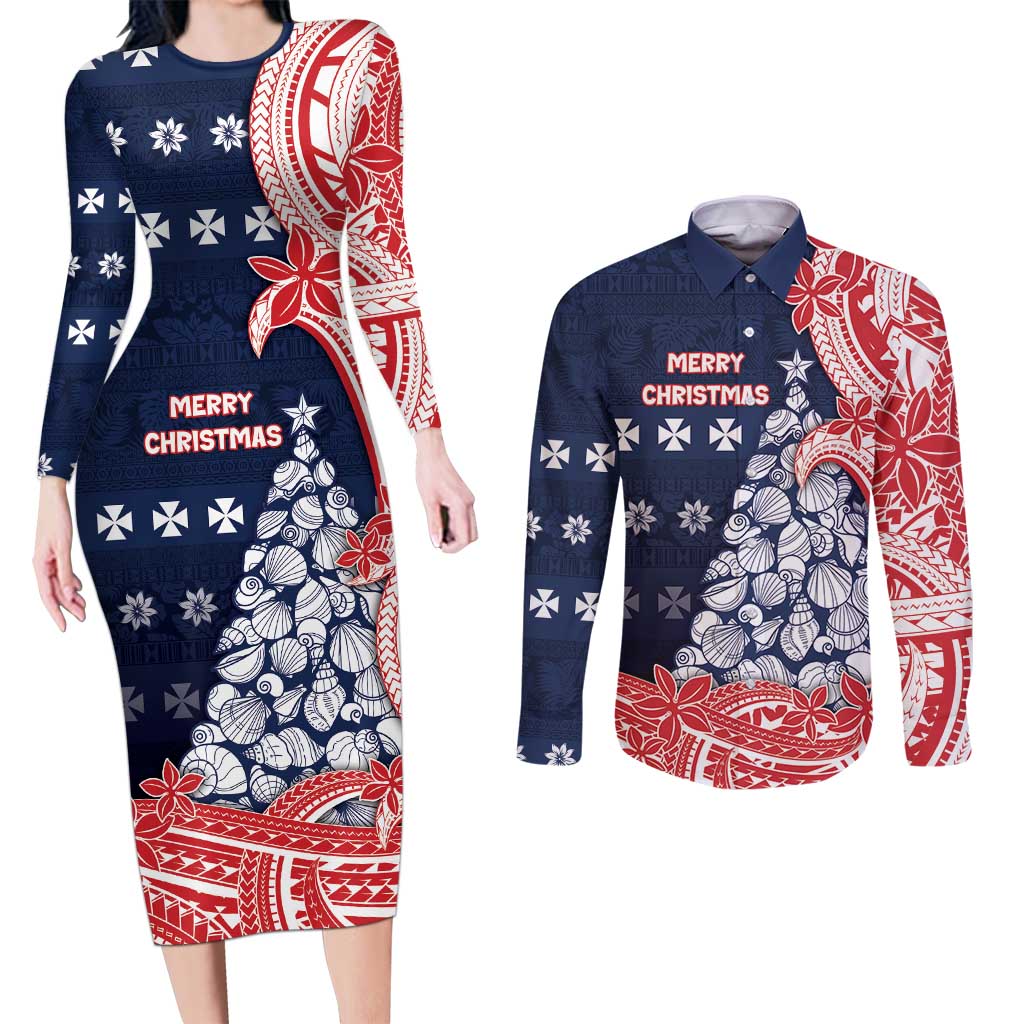 Wallis And Futuna Christmas Couples Matching Long Sleeve Bodycon Dress and Long Sleeve Button Shirt Seashell Xmas Tree Tribal Waves DT05 Navy - Polynesian Pride