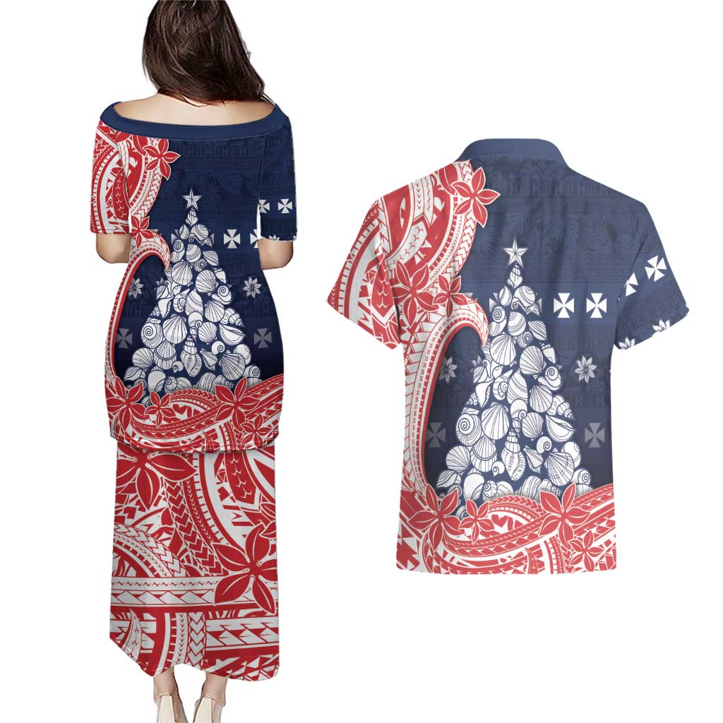 Wallis And Futuna Christmas Couples Matching Puletasi and Hawaiian Shirt Seashell Xmas Tree Tribal Waves - Polynesian Pride