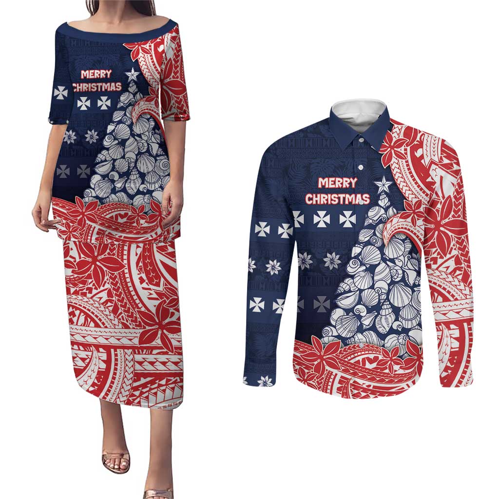 Wallis And Futuna Christmas Couples Matching Puletasi and Long Sleeve Button Shirt Seashell Xmas Tree Tribal Waves - Polynesian Pride