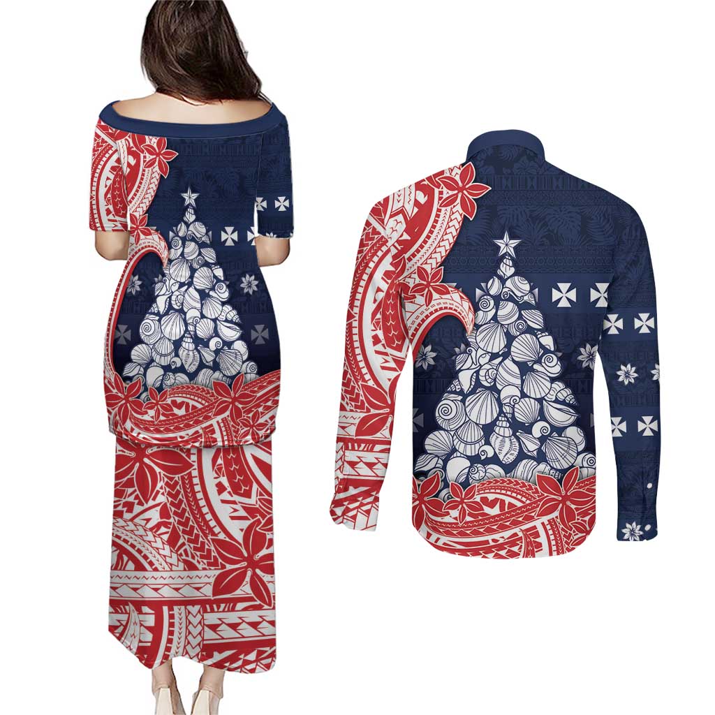 Wallis And Futuna Christmas Couples Matching Puletasi and Long Sleeve Button Shirt Seashell Xmas Tree Tribal Waves - Polynesian Pride