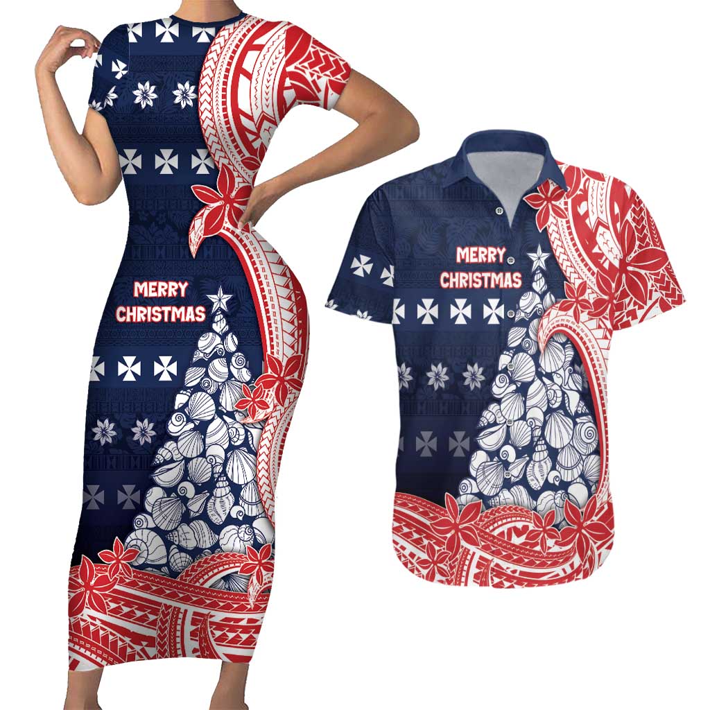 Wallis And Futuna Christmas Couples Matching Short Sleeve Bodycon Dress and Hawaiian Shirt Seashell Xmas Tree Tribal Waves DT05 Navy - Polynesian Pride
