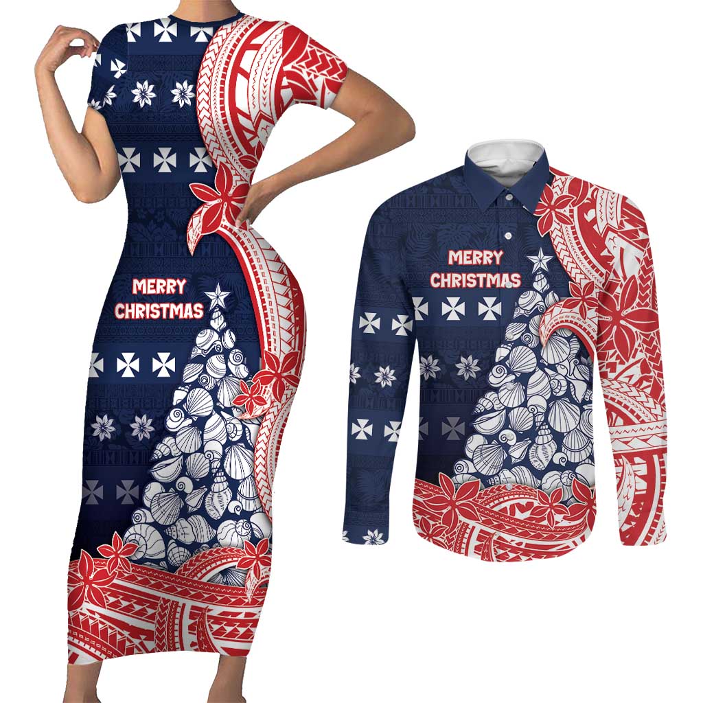 Wallis And Futuna Christmas Couples Matching Short Sleeve Bodycon Dress and Long Sleeve Button Shirt Seashell Xmas Tree Tribal Waves - Polynesian Pride
