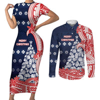 Wallis And Futuna Christmas Couples Matching Short Sleeve Bodycon Dress and Long Sleeve Button Shirt Seashell Xmas Tree Tribal Waves - Polynesian Pride