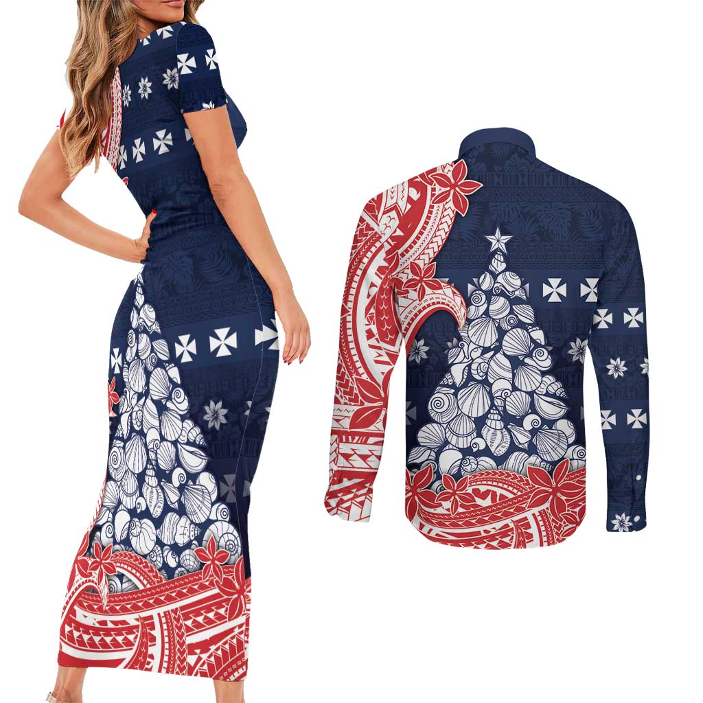Wallis And Futuna Christmas Couples Matching Short Sleeve Bodycon Dress and Long Sleeve Button Shirt Seashell Xmas Tree Tribal Waves - Polynesian Pride