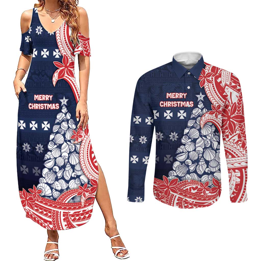 Wallis And Futuna Christmas Couples Matching Summer Maxi Dress and Long Sleeve Button Shirt Seashell Xmas Tree Tribal Waves - Polynesian Pride