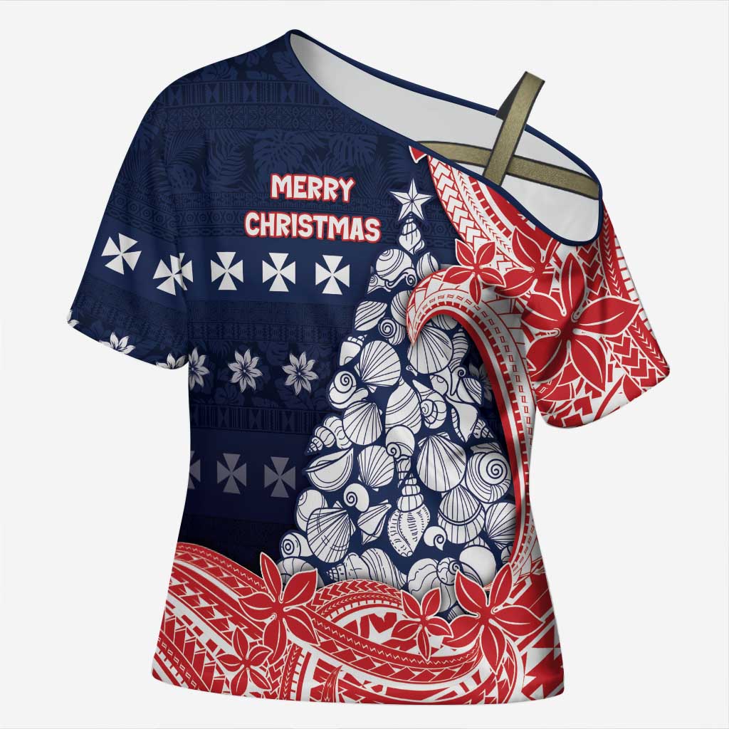 Wallis And Futuna Christmas Cross Shoulder Shirt Seashell Xmas Tree Tribal Waves - Polynesian Pride