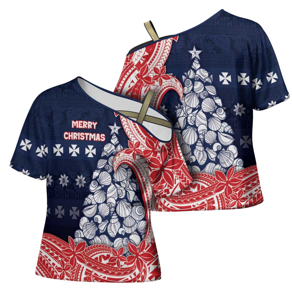 Wallis And Futuna Christmas Cross Shoulder Shirt Seashell Xmas Tree Tribal Waves - Polynesian Pride