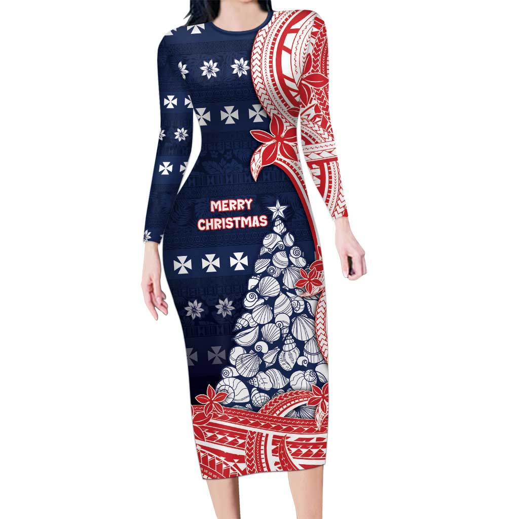 Wallis And Futuna Christmas Family Matching Long Sleeve Bodycon Dress and Hawaiian Shirt Seashell Xmas Tree Tribal Waves DT05 Mom's Dress Navy - Polynesian Pride