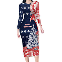 Wallis And Futuna Christmas Family Matching Long Sleeve Bodycon Dress and Hawaiian Shirt Seashell Xmas Tree Tribal Waves DT05 Mom's Dress Navy - Polynesian Pride