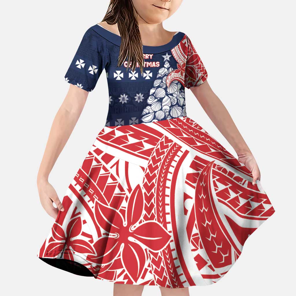 Wallis And Futuna Christmas Family Matching Mermaid Dress and Hawaiian Shirt Seashell Xmas Tree Tribal Waves DT05 Daughter's Dress Navy - Polynesian Pride