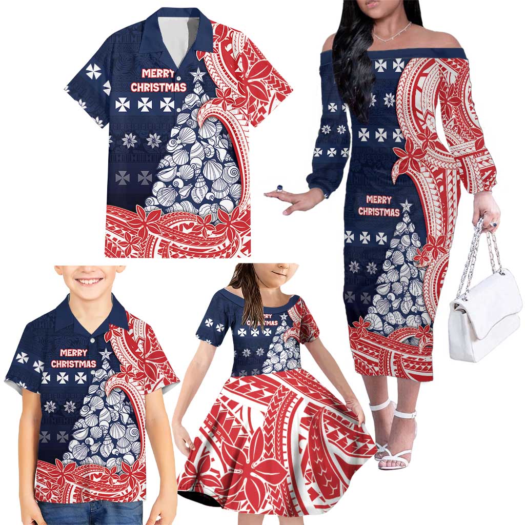 Wallis And Futuna Christmas Family Matching Off The Shoulder Long Sleeve Dress and Hawaiian Shirt Seashell Xmas Tree Tribal Waves DT05 - Polynesian Pride