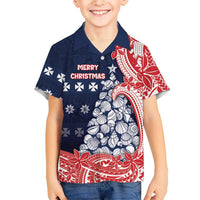 Wallis And Futuna Christmas Family Matching Off The Shoulder Long Sleeve Dress and Hawaiian Shirt Seashell Xmas Tree Tribal Waves DT05 Son's Shirt Navy - Polynesian Pride