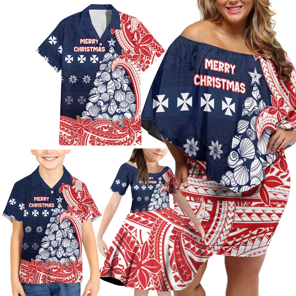 Wallis And Futuna Christmas Family Matching Off Shoulder Short Dress and Hawaiian Shirt Seashell Xmas Tree Tribal Waves - Polynesian Pride