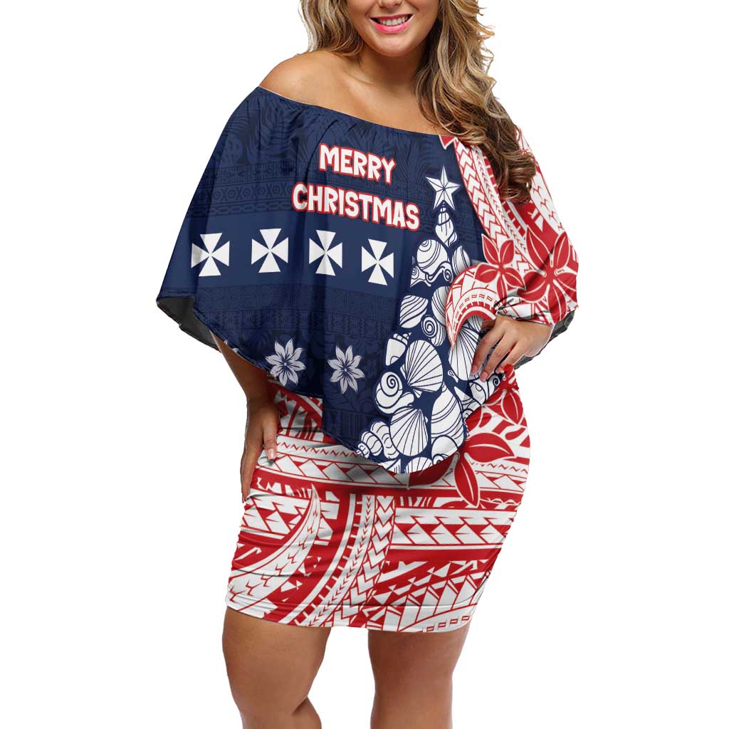 Wallis And Futuna Christmas Family Matching Off Shoulder Short Dress and Hawaiian Shirt Seashell Xmas Tree Tribal Waves DT05 Mom's Dress Navy - Polynesian Pride