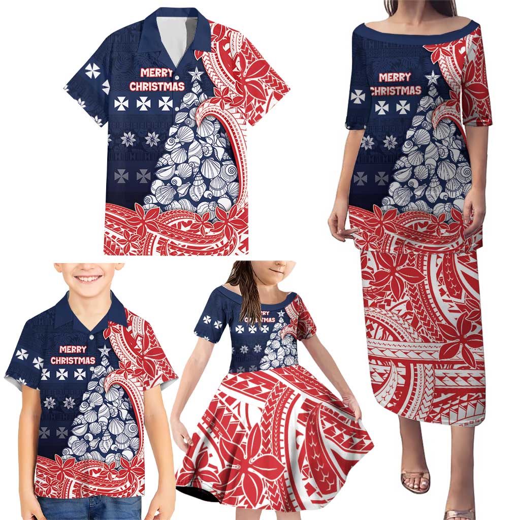 Wallis And Futuna Christmas Family Matching Puletasi and Hawaiian Shirt Seashell Xmas Tree Tribal Waves - Polynesian Pride