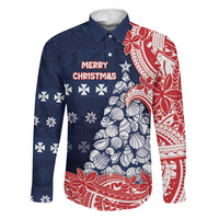Wallis And Futuna Christmas Family Matching Puletasi and Hawaiian Shirt Seashell Xmas Tree Tribal Waves DT05 Dad's Shirt - Long Sleeve Navy - Polynesian Pride