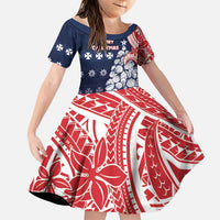 Wallis And Futuna Christmas Family Matching Short Sleeve Bodycon Dress and Hawaiian Shirt Seashell Xmas Tree Tribal Waves DT05 Daughter's Dress Navy - Polynesian Pride