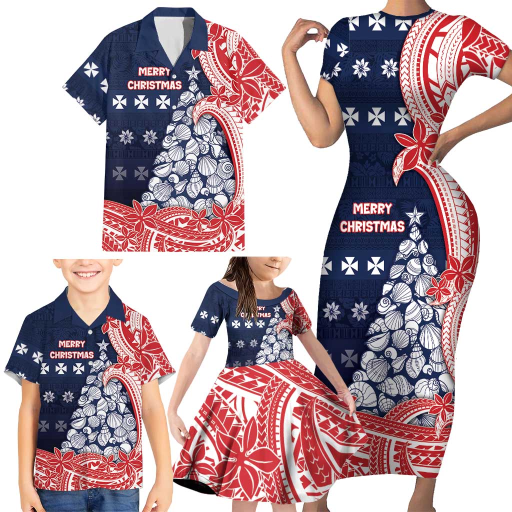 Wallis And Futuna Christmas Family Matching Short Sleeve Bodycon Dress and Hawaiian Shirt Seashell Xmas Tree Tribal Waves - Polynesian Pride