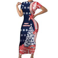 Wallis And Futuna Christmas Family Matching Short Sleeve Bodycon Dress and Hawaiian Shirt Seashell Xmas Tree Tribal Waves DT05 Mom's Dress Navy - Polynesian Pride