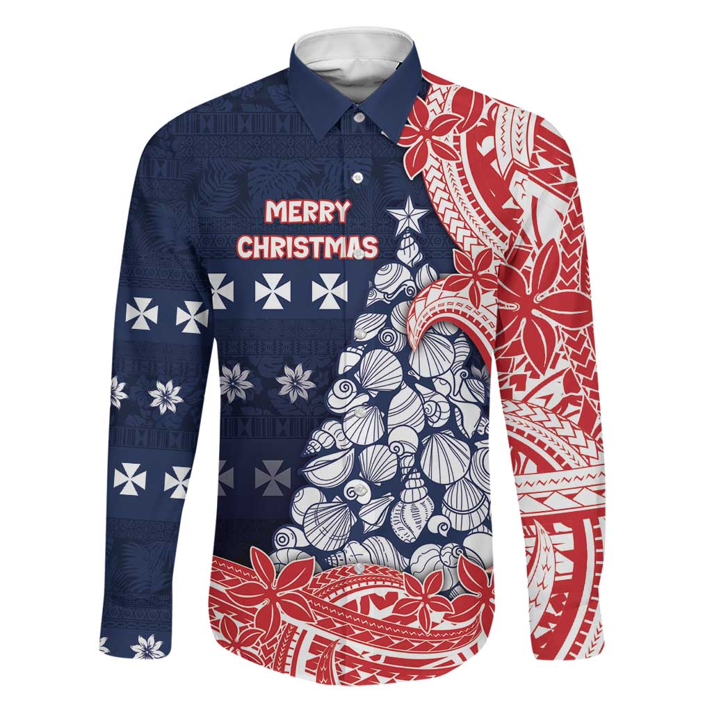 Wallis And Futuna Christmas Family Matching Summer Maxi Dress and Hawaiian Shirt Seashell Xmas Tree Tribal Waves DT05 Dad's Shirt - Long Sleeve Navy - Polynesian Pride