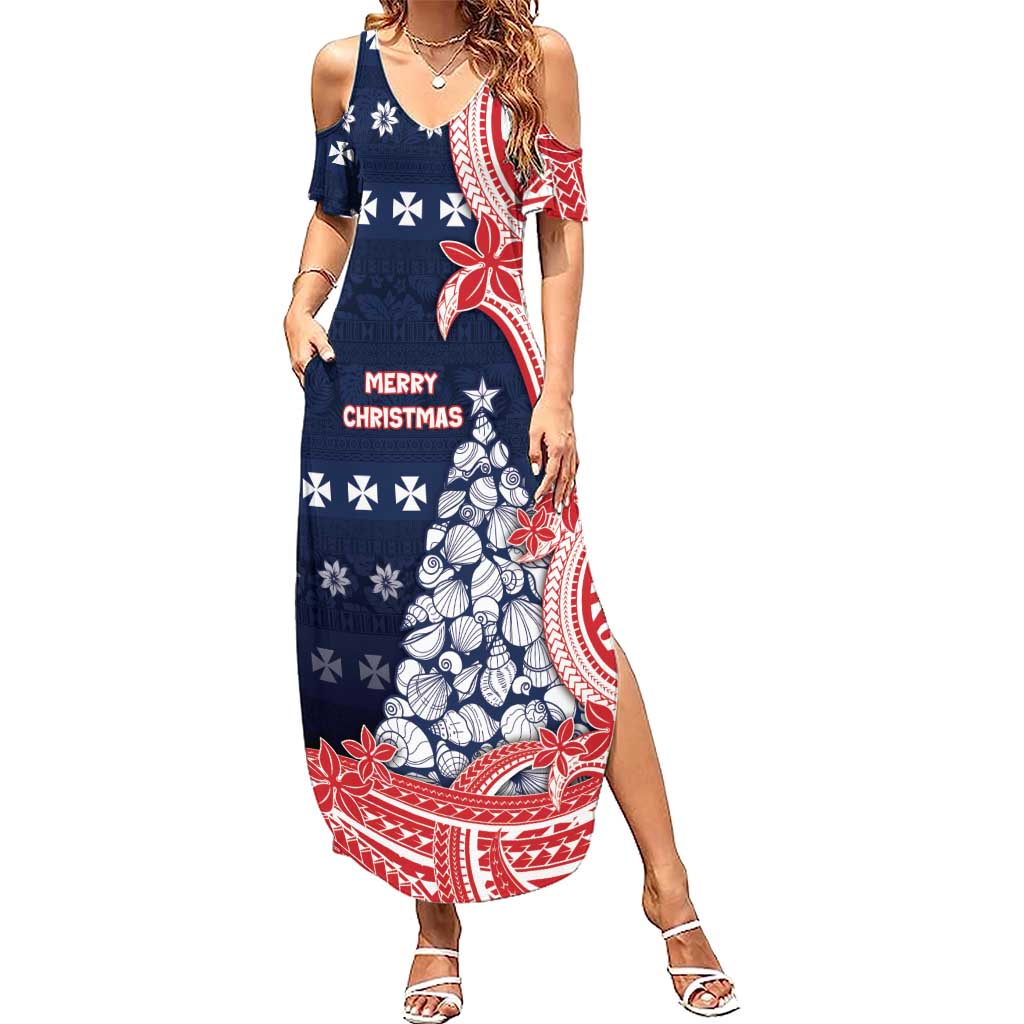 Wallis And Futuna Christmas Family Matching Summer Maxi Dress and Hawaiian Shirt Seashell Xmas Tree Tribal Waves DT05 Mom's Dress Navy - Polynesian Pride