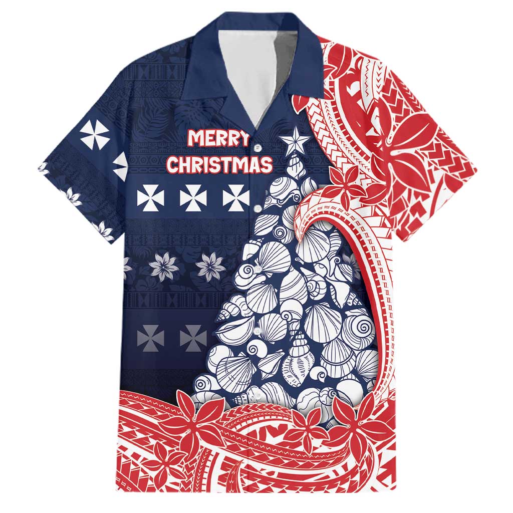 Wallis And Futuna Christmas Family Matching Tank Maxi Dress and Hawaiian Shirt Seashell Xmas Tree Tribal Waves DT05 Dad's Shirt - Short Sleeve Navy - Polynesian Pride