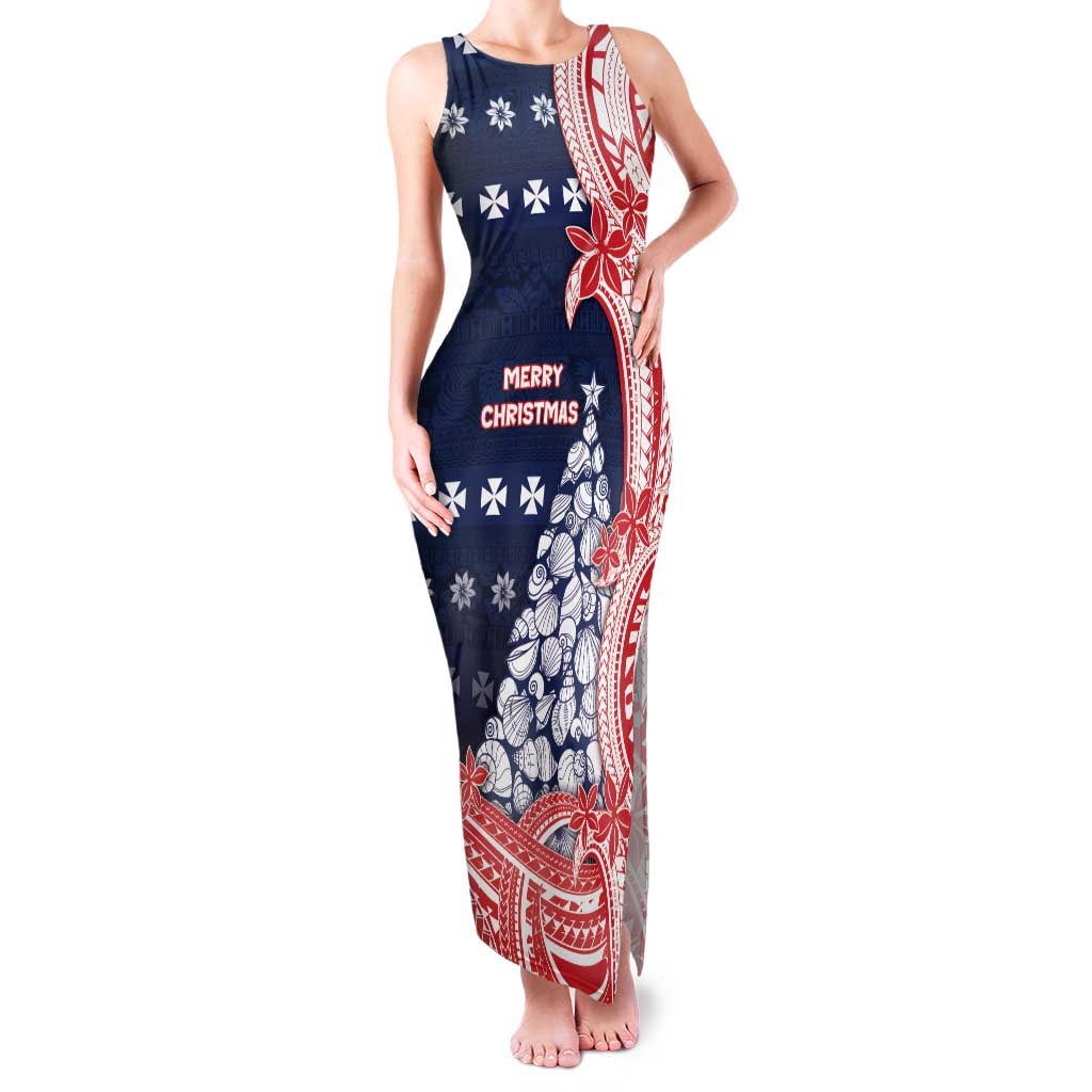 Wallis And Futuna Christmas Family Matching Tank Maxi Dress and Hawaiian Shirt Seashell Xmas Tree Tribal Waves DT05 Mom's Dress Navy - Polynesian Pride