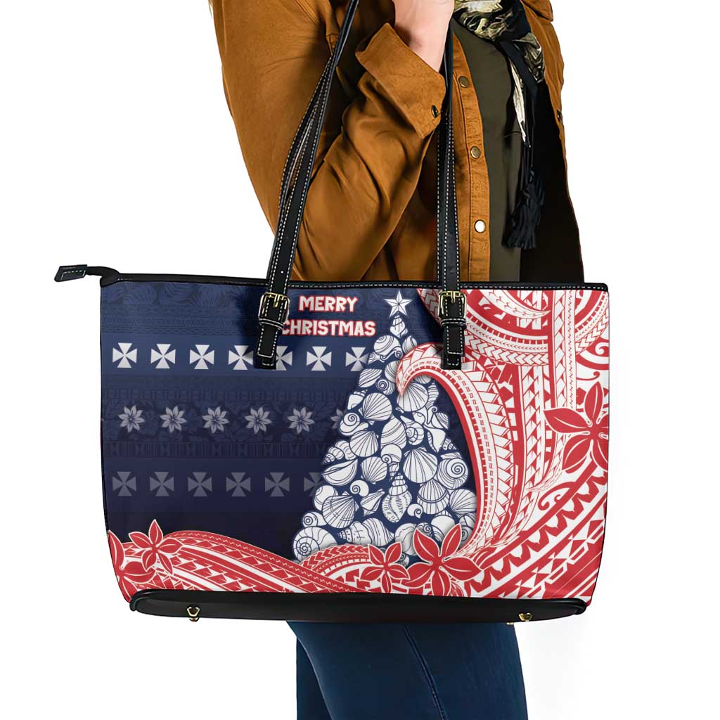 Wallis And Futuna Christmas Leather Tote Bag Seashell Xmas Tree Tribal Waves - Polynesian Pride