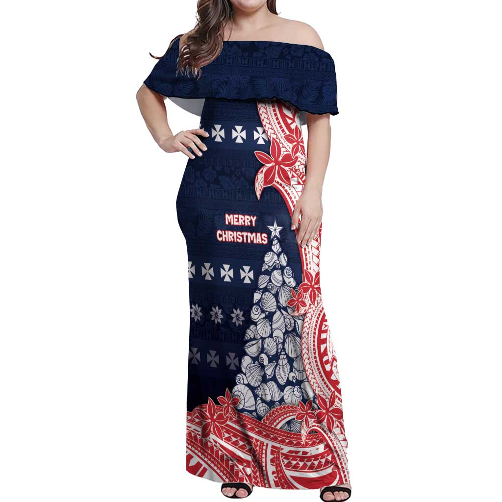 Wallis And Futuna Christmas Off Shoulder Maxi Dress Seashell Xmas Tree Tribal Waves DT05 Women Navy - Polynesian Pride