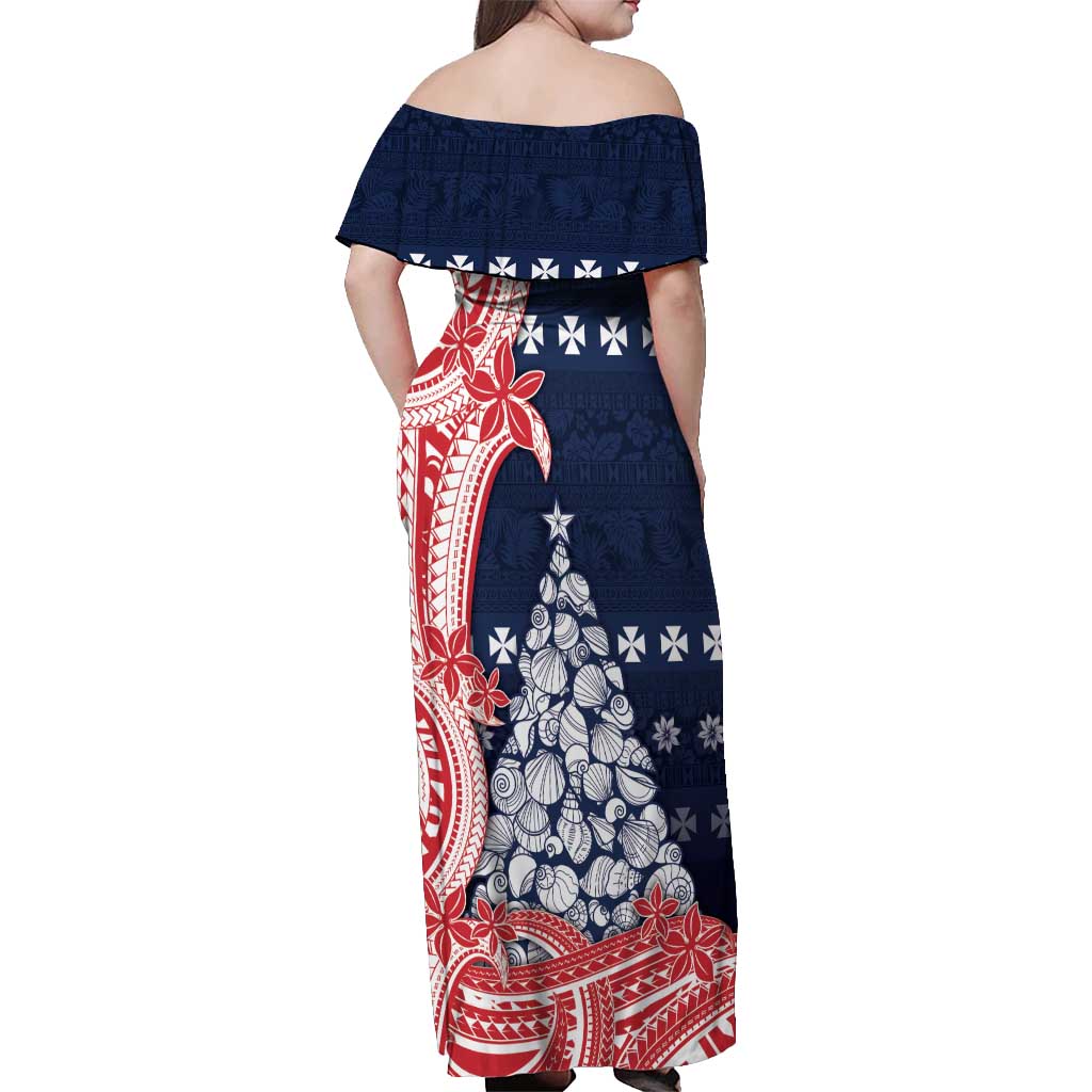 Wallis And Futuna Christmas Off Shoulder Maxi Dress Seashell Xmas Tree Tribal Waves DT05 - Polynesian Pride