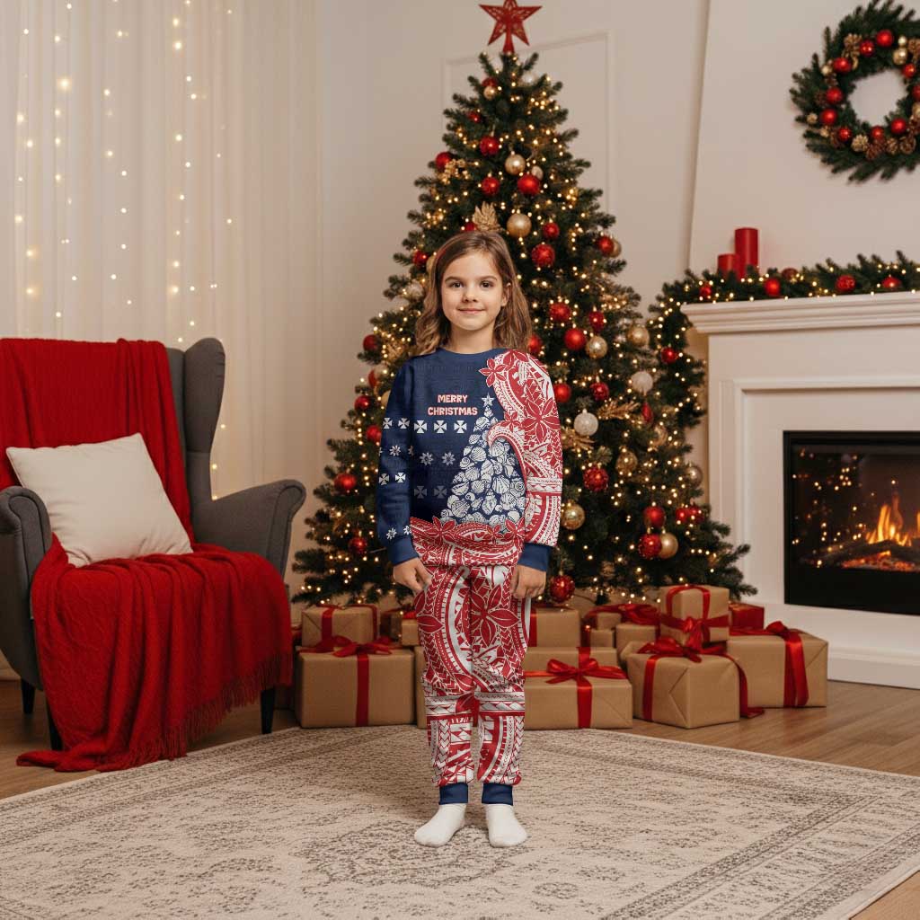 Wallis And Futuna Christmas Pajama Set Seashell Xmas Tree Tribal Waves - Polynesian Pride