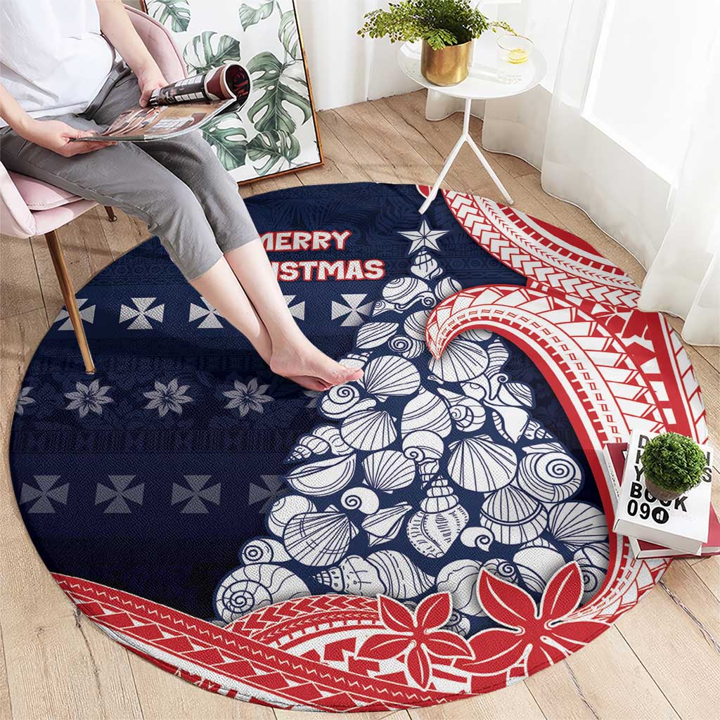 Wallis And Futuna Christmas Round Carpet Seashell Xmas Tree Tribal Waves - Polynesian Pride
