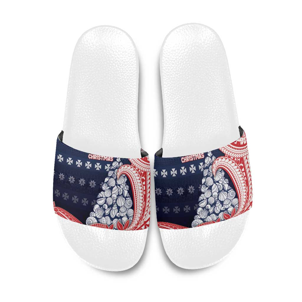 Wallis And Futuna Christmas Slide Sandals Seashell Xmas Tree Tribal Waves - Polynesian Pride