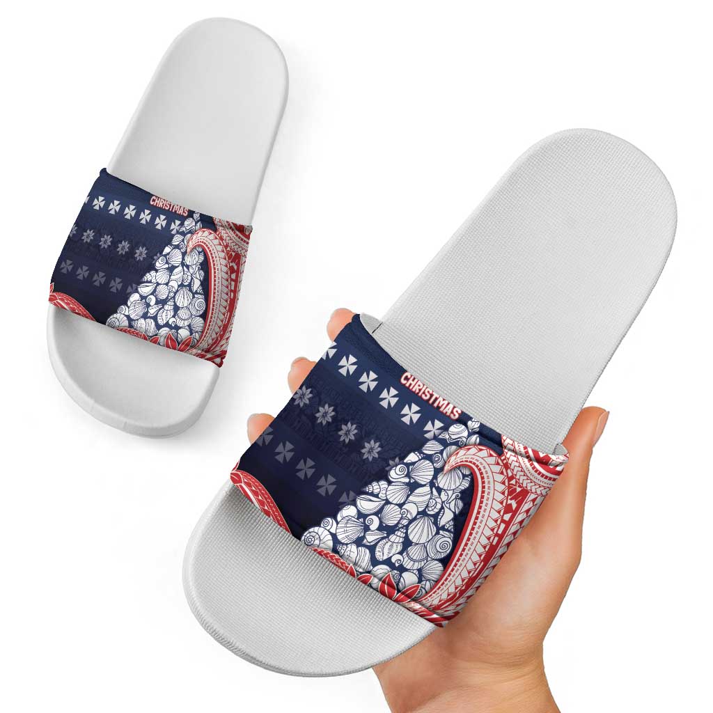 Wallis And Futuna Christmas Slide Sandals Seashell Xmas Tree Tribal Waves - Polynesian Pride