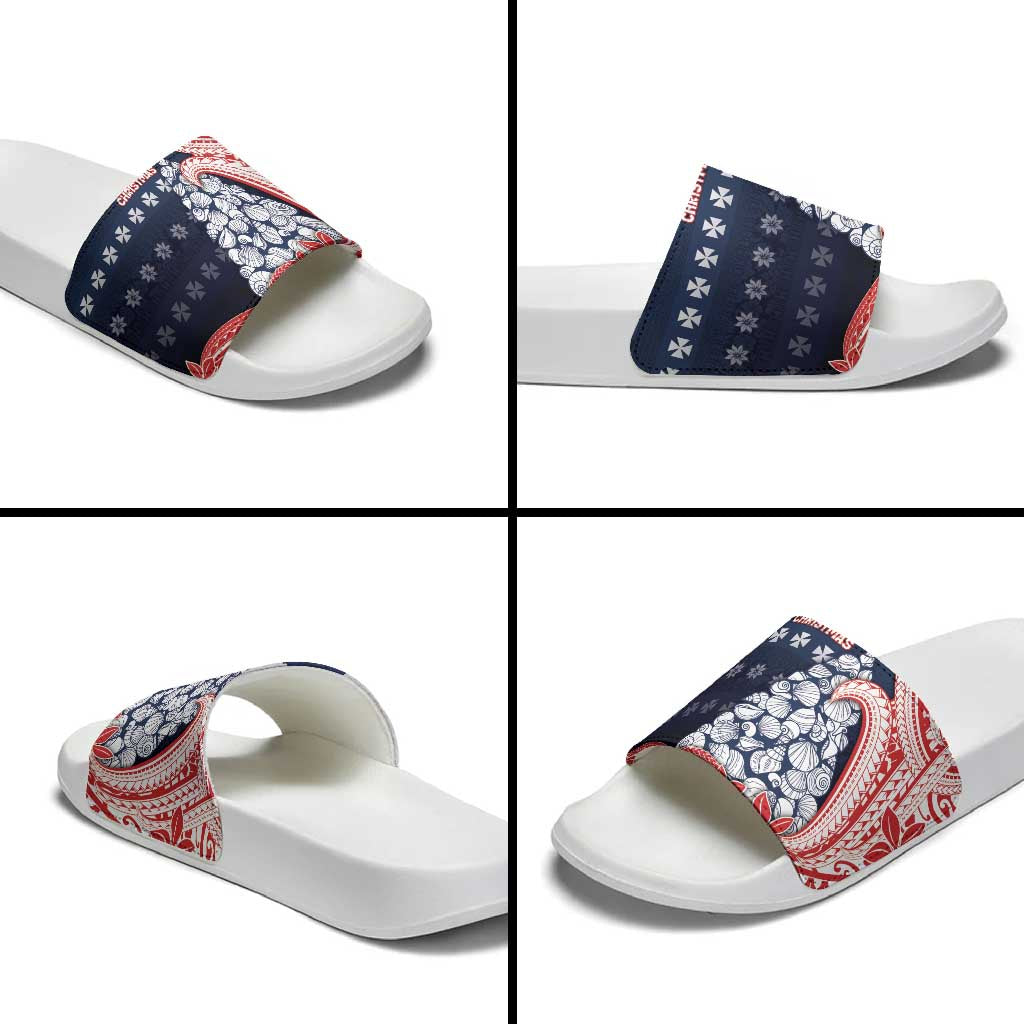 Wallis And Futuna Christmas Slide Sandals Seashell Xmas Tree Tribal Waves - Polynesian Pride